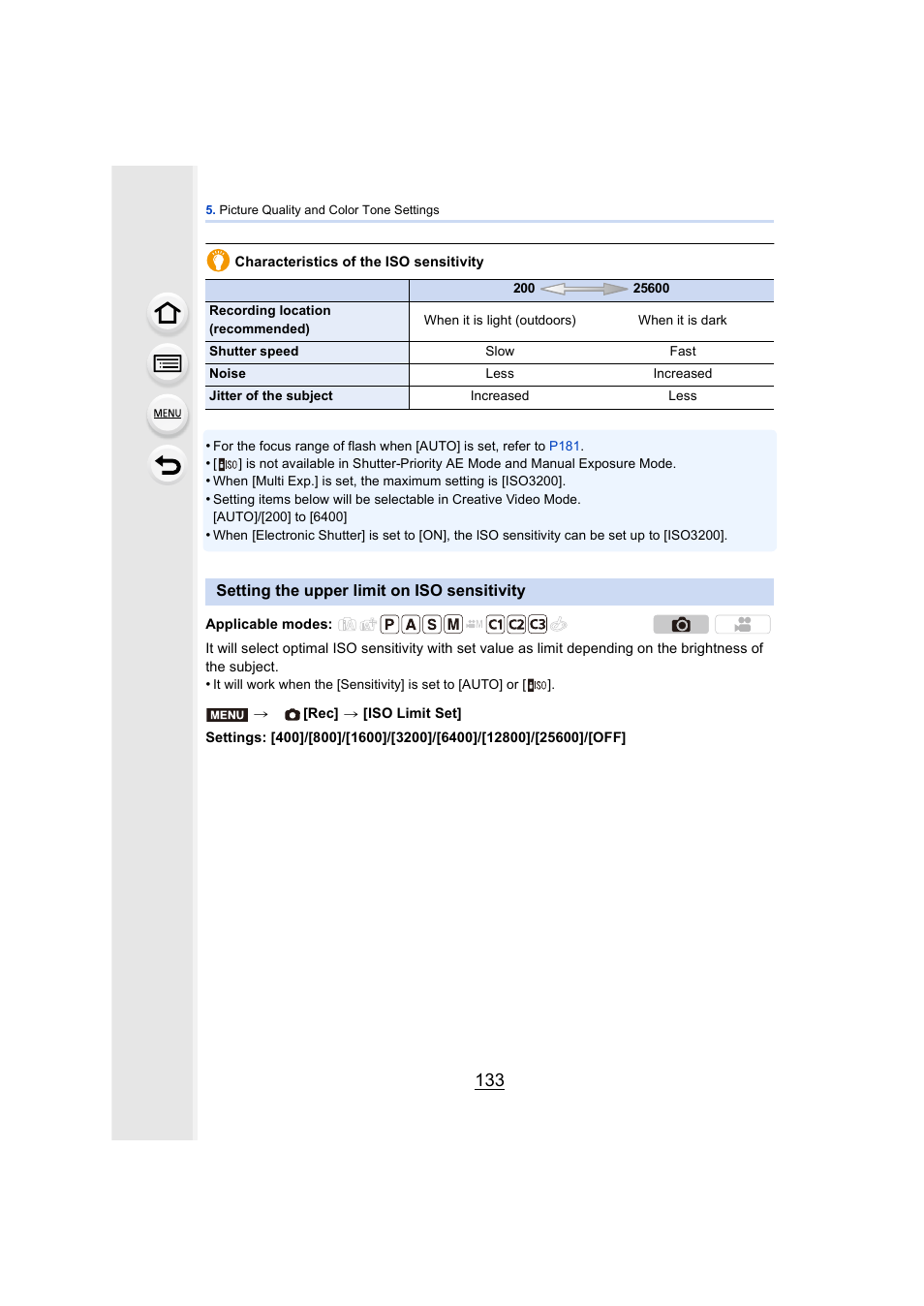 Setting the upper limit on iso sensitivity, P133) | Panasonic DMC-GH4KBODY User Manual | Page 133 / 420