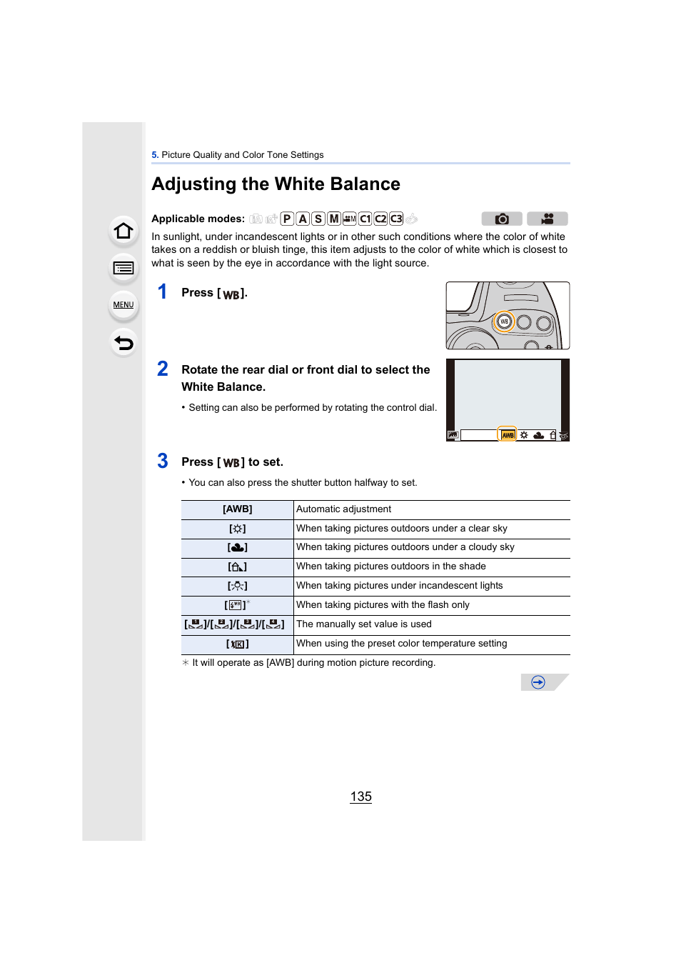 Adjusting the white balance, P135, P135) | Panasonic DMC-GH4KBODY User Manual | Page 135 / 420