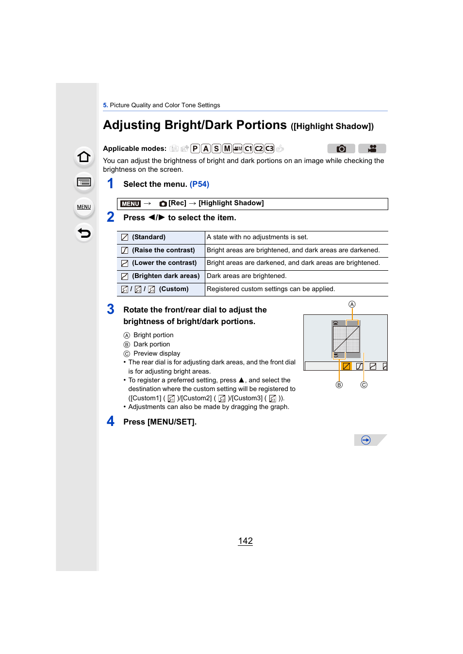 P142, Adjusting bright/dark portions, Highlight shadow]) | Panasonic DMC-GH4KBODY User Manual | Page 142 / 420