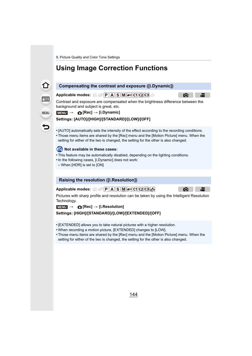 Using image correction functions, Raising the resolution ([i.resolution]), P144 | Panasonic DMC-GH4KBODY User Manual | Page 144 / 420