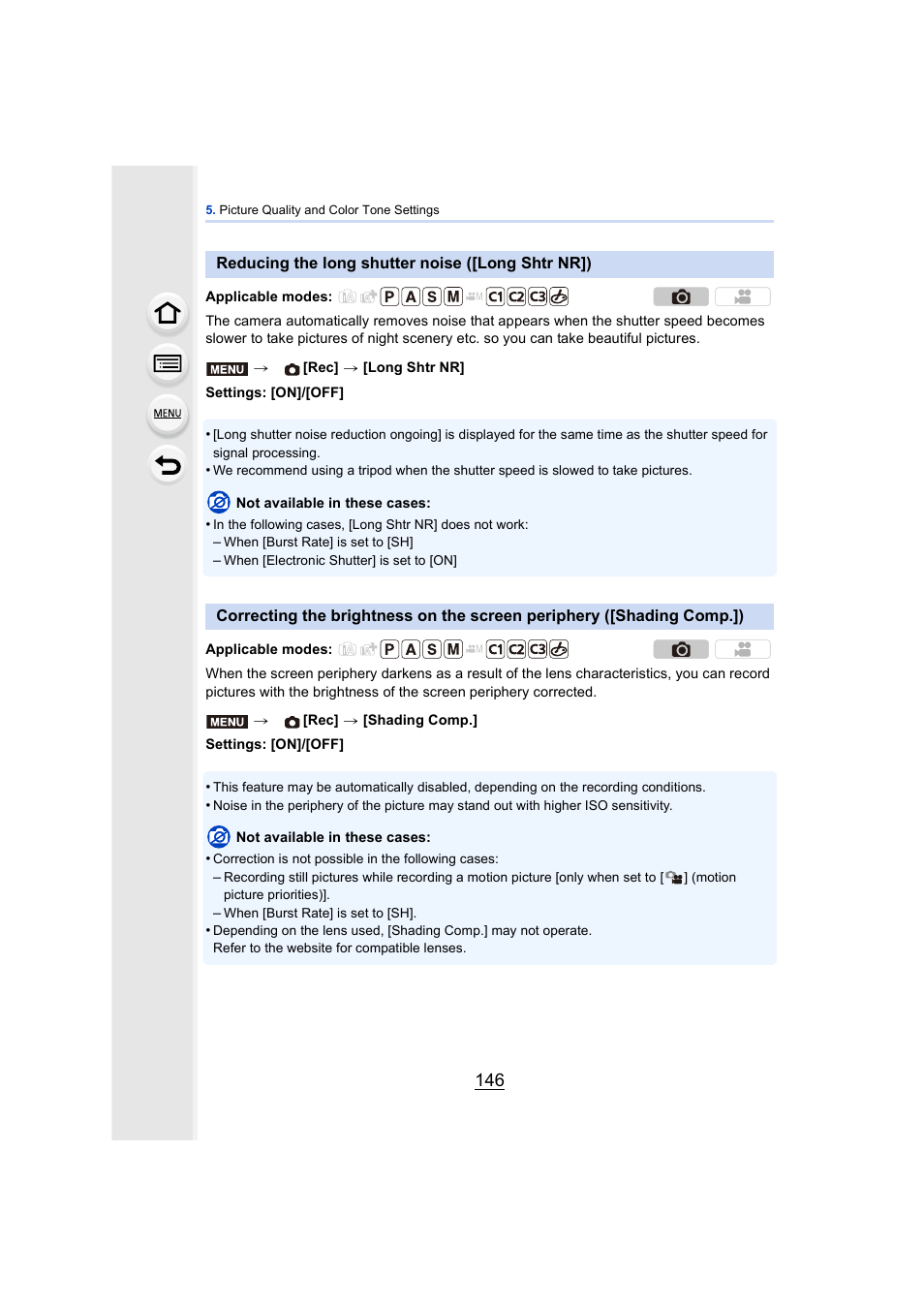 Reducing the long shutter noise ([long shtr nr]), P146, P146) | Panasonic DMC-GH4KBODY User Manual | Page 146 / 420