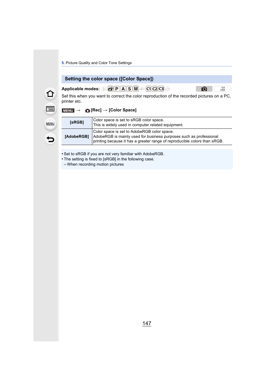 Setting the color space ([color space]), P147 | Panasonic DMC-GH4KBODY User Manual | Page 147 / 420