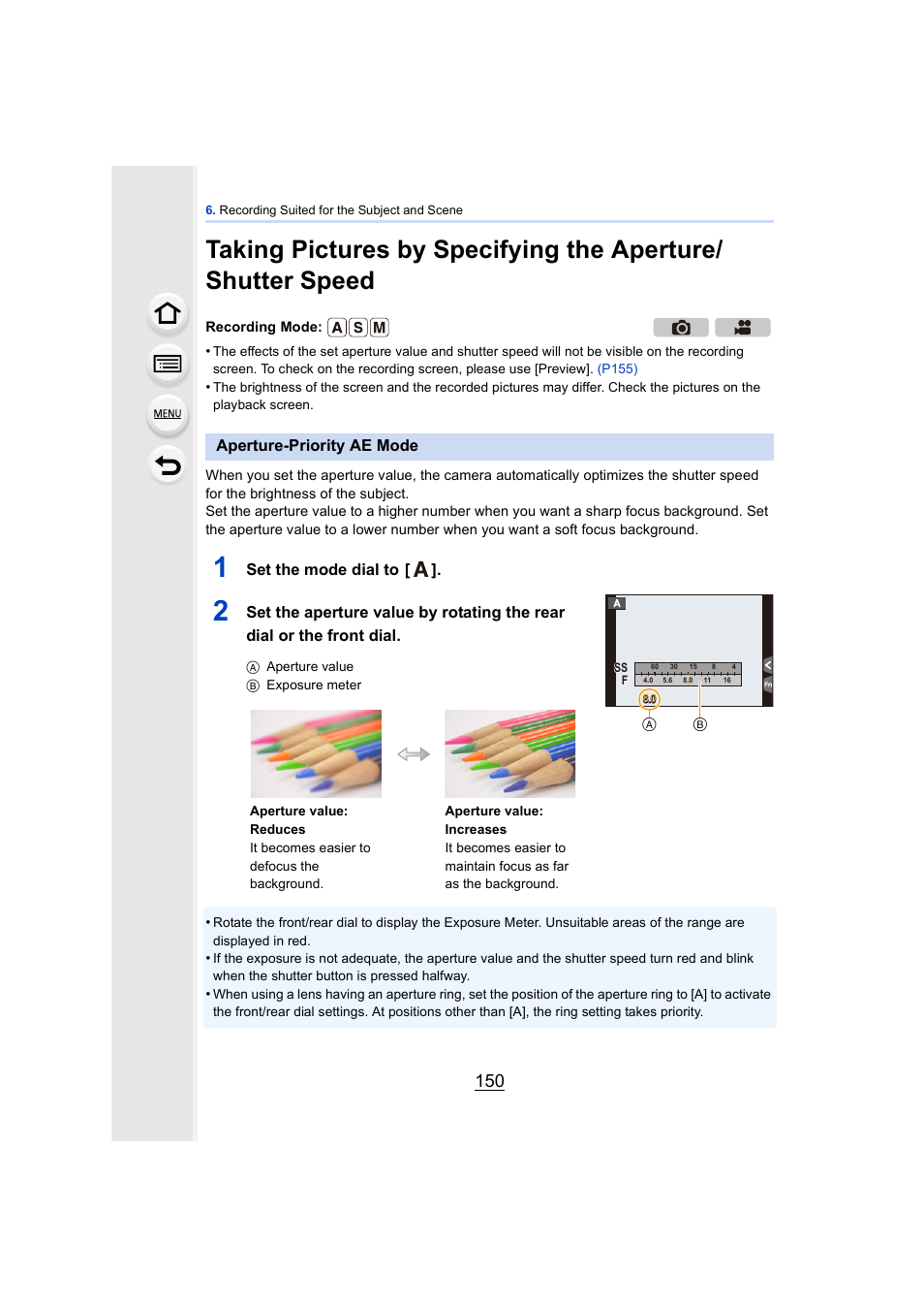 Aperture-priority ae mode, P150) | Panasonic DMC-GH4KBODY User Manual | Page 150 / 420
