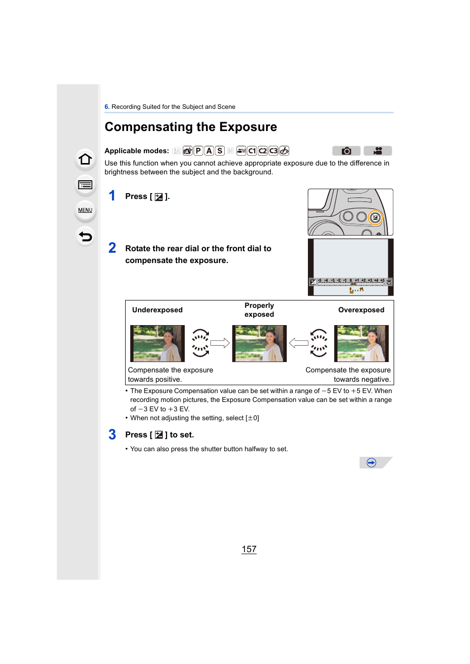 Compensating the exposure, P157, P157) | Panasonic DMC-GH4KBODY User Manual | Page 157 / 420