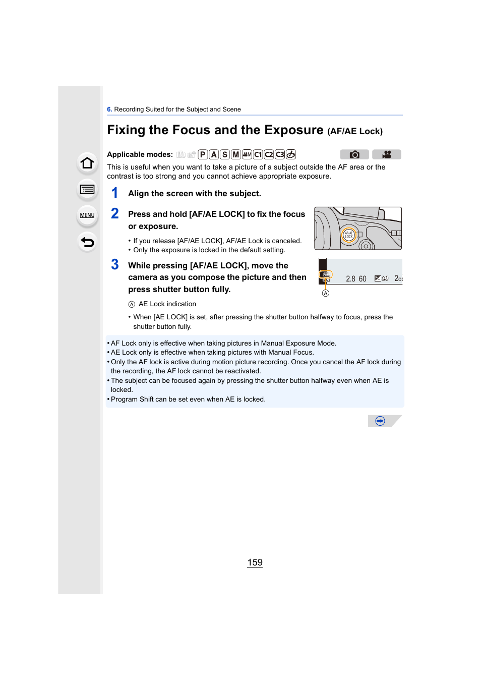 Fixing the focus and the exposure (af/ae lock), P159, P159) | Fixing the focus and the exposure | Panasonic DMC-GH4KBODY User Manual | Page 159 / 420