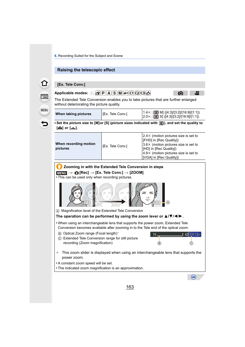 Raising the telescopic effect | Panasonic DMC-GH4KBODY User Manual | Page 163 / 420
