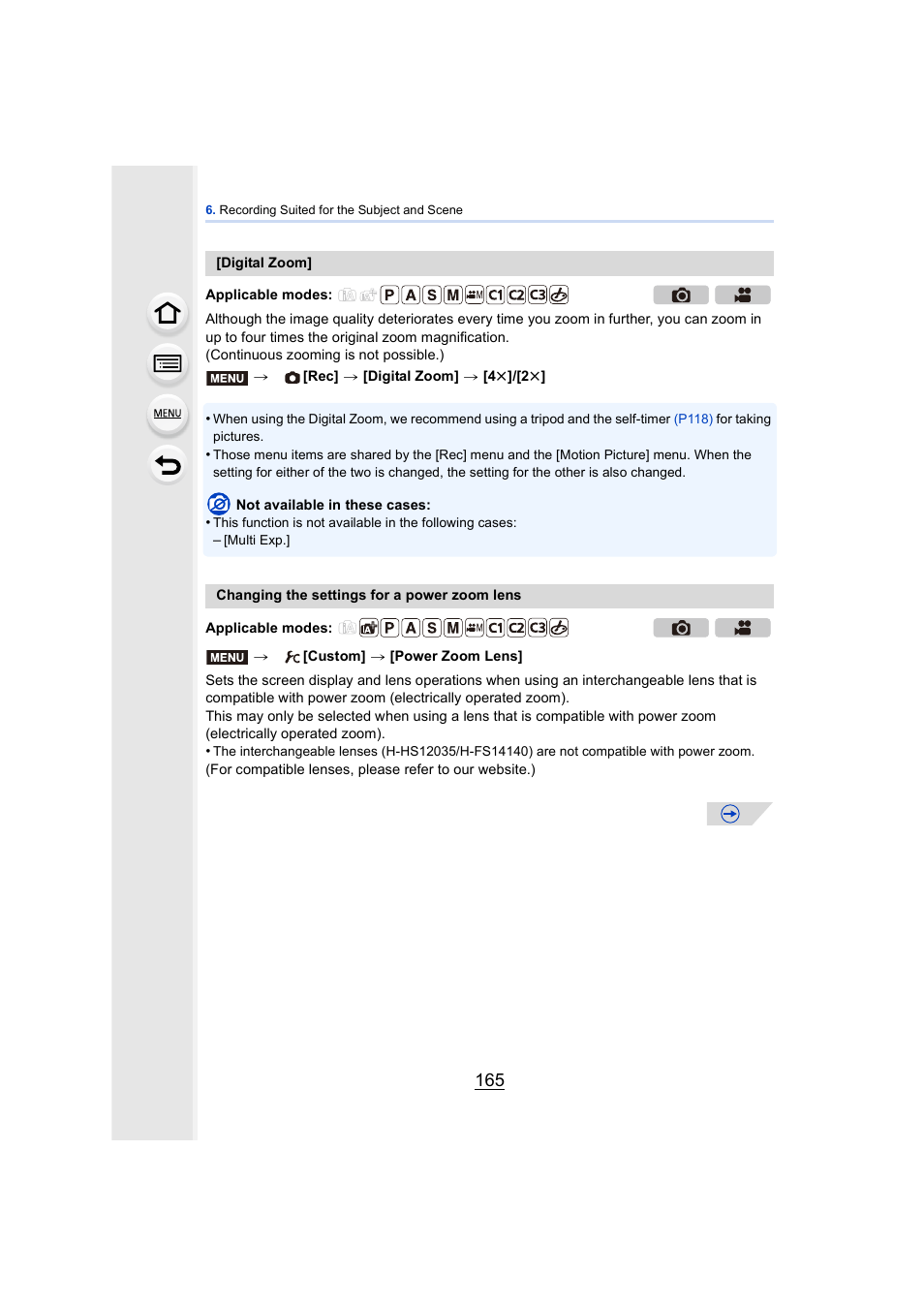 Oom lens, P165) | Panasonic DMC-GH4KBODY User Manual | Page 165 / 420