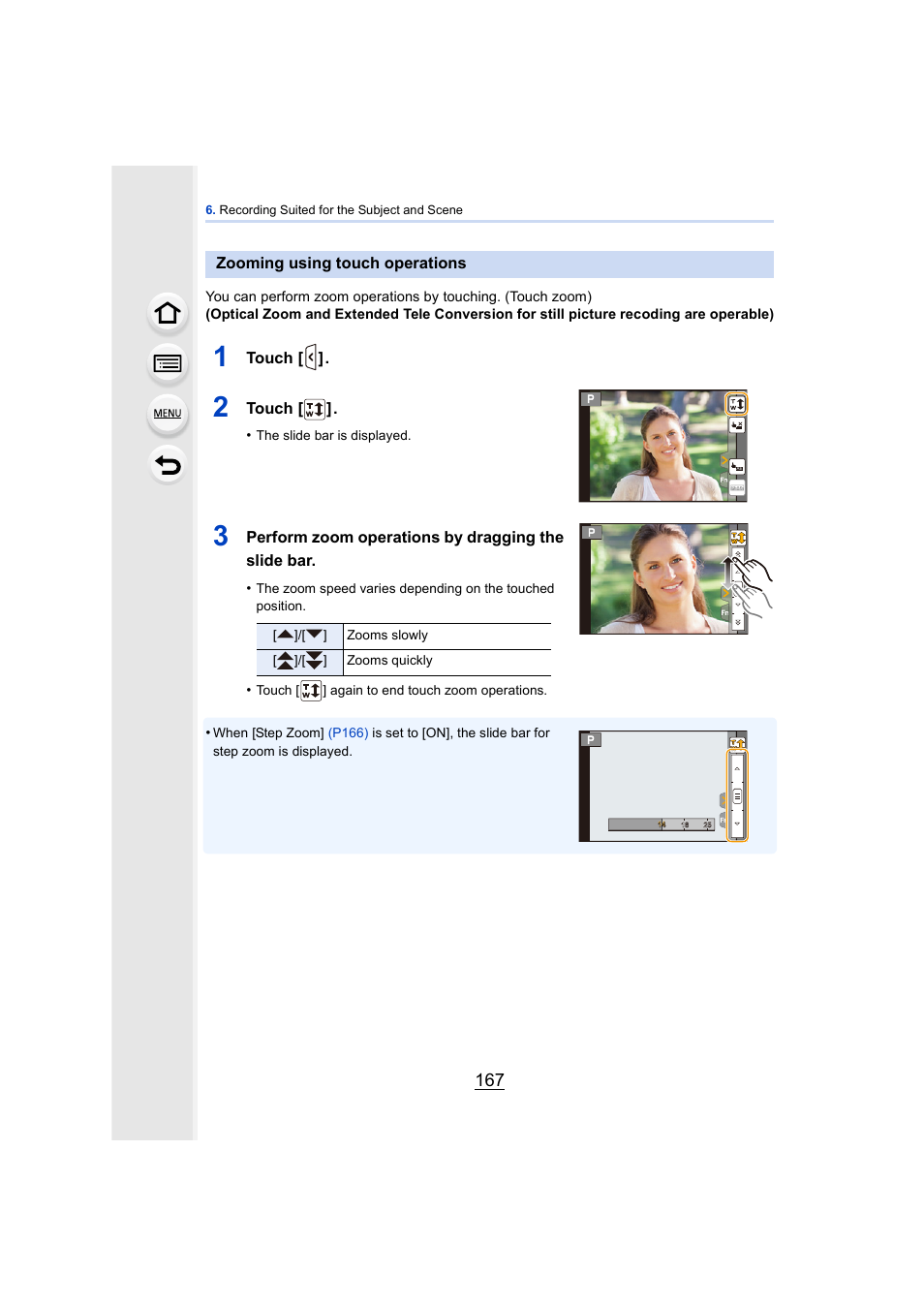 Zooming using touch operations, Ouch zoom, P167) | Panasonic DMC-GH4KBODY User Manual | Page 167 / 420