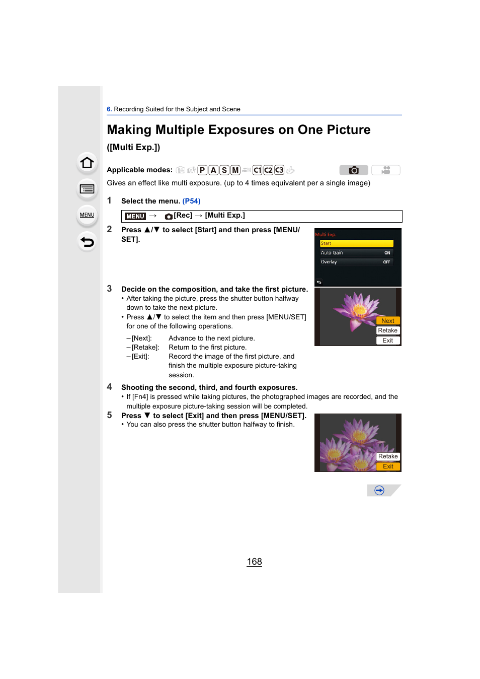 P168, Making multiple exposures on one picture | Panasonic DMC-GH4KBODY User Manual | Page 168 / 420