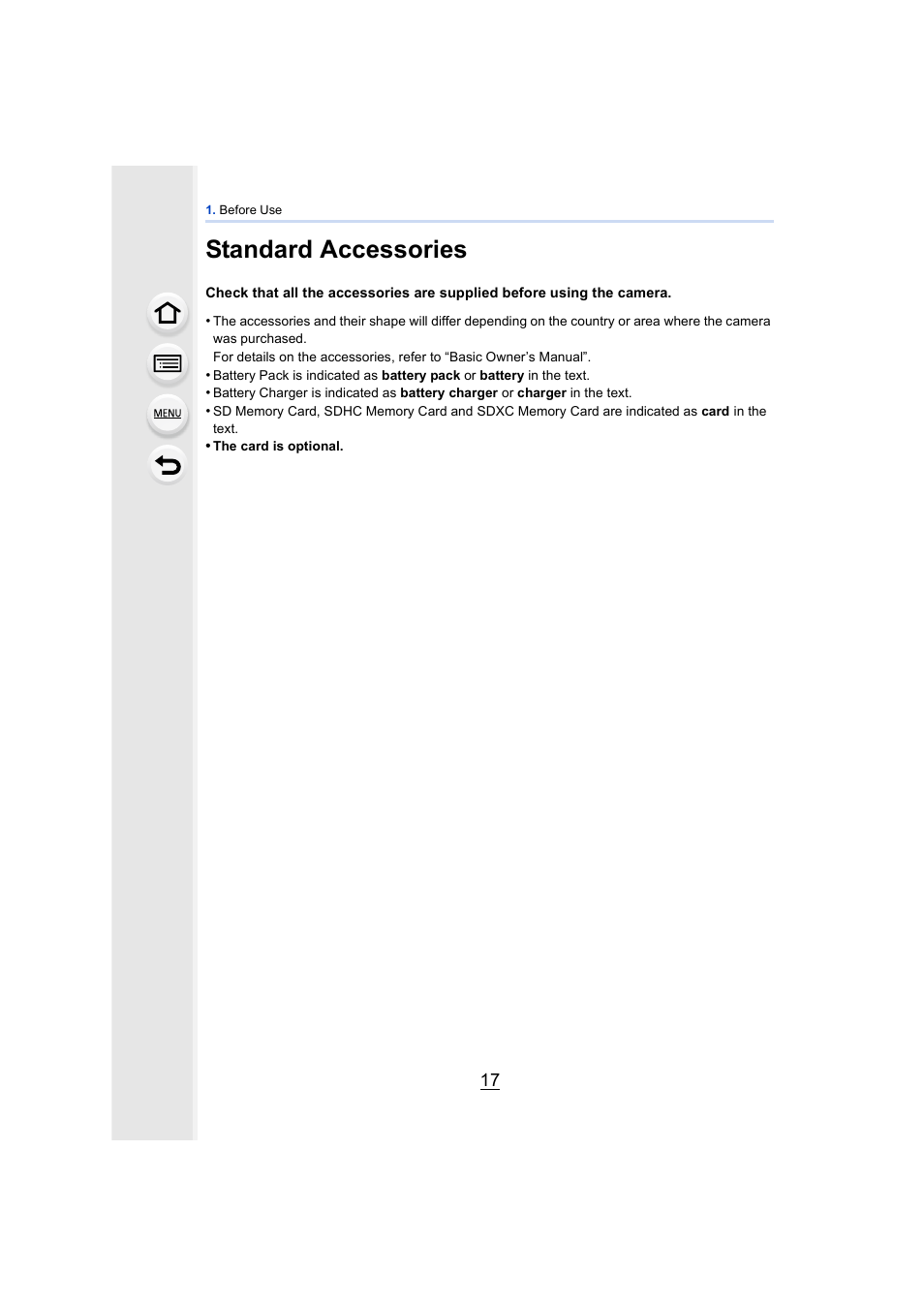 Standard accessories | Panasonic DMC-GH4KBODY User Manual | Page 17 / 420
