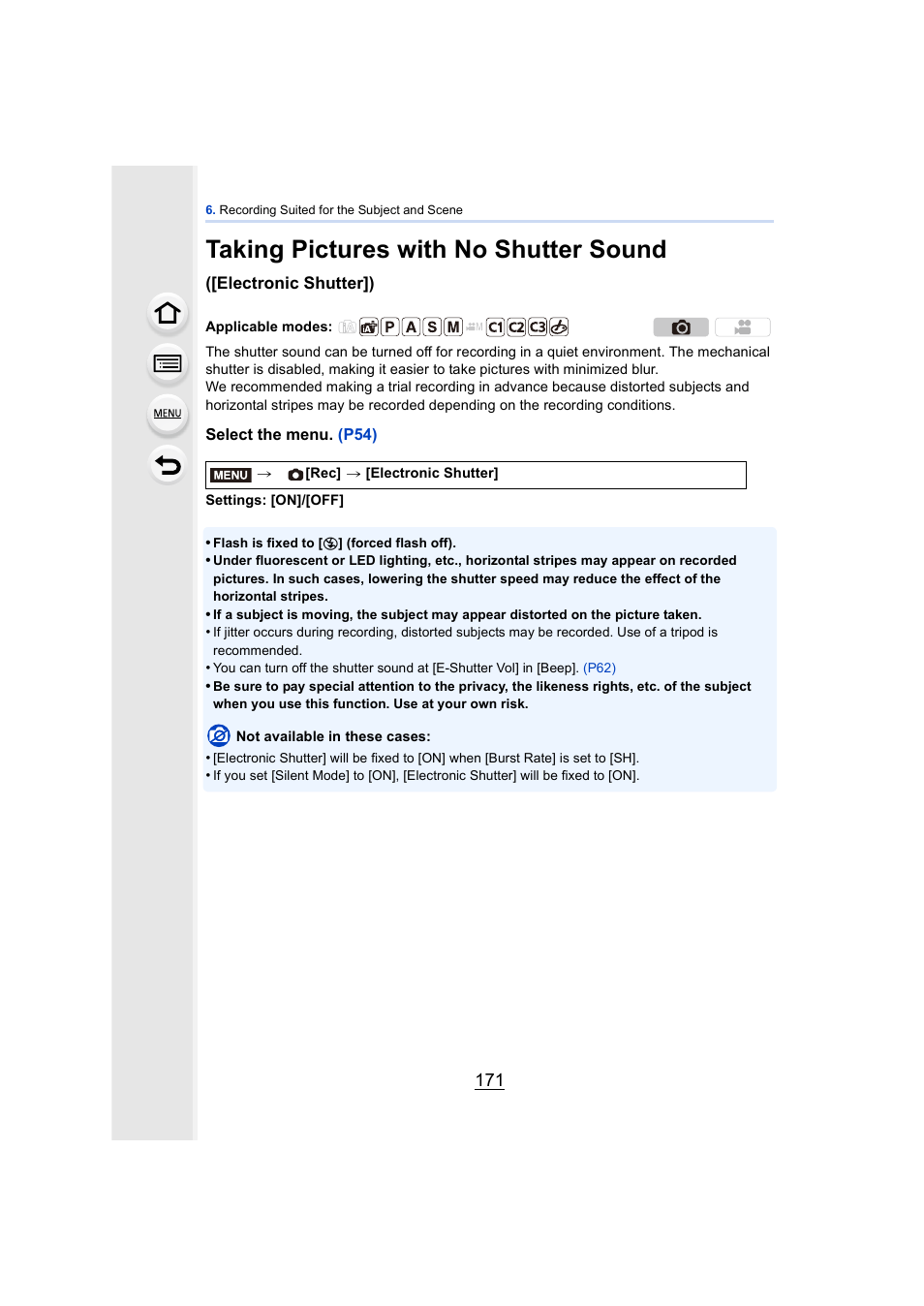 Taking pictures with no shutter sound | Panasonic DMC-GH4KBODY User Manual | Page 171 / 420