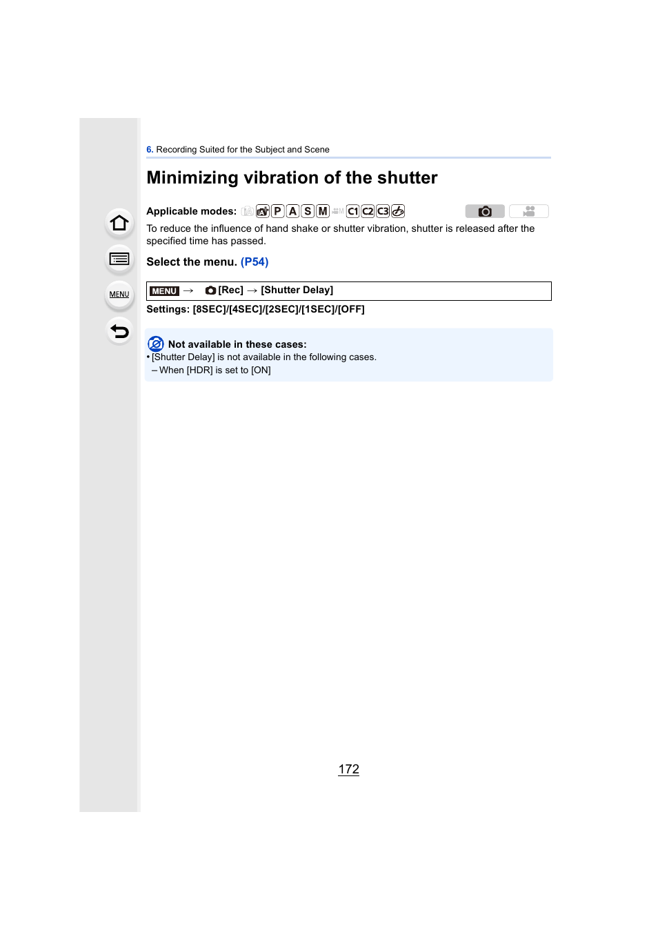 Minimizing vibration of the shutter | Panasonic DMC-GH4KBODY User Manual | Page 172 / 420