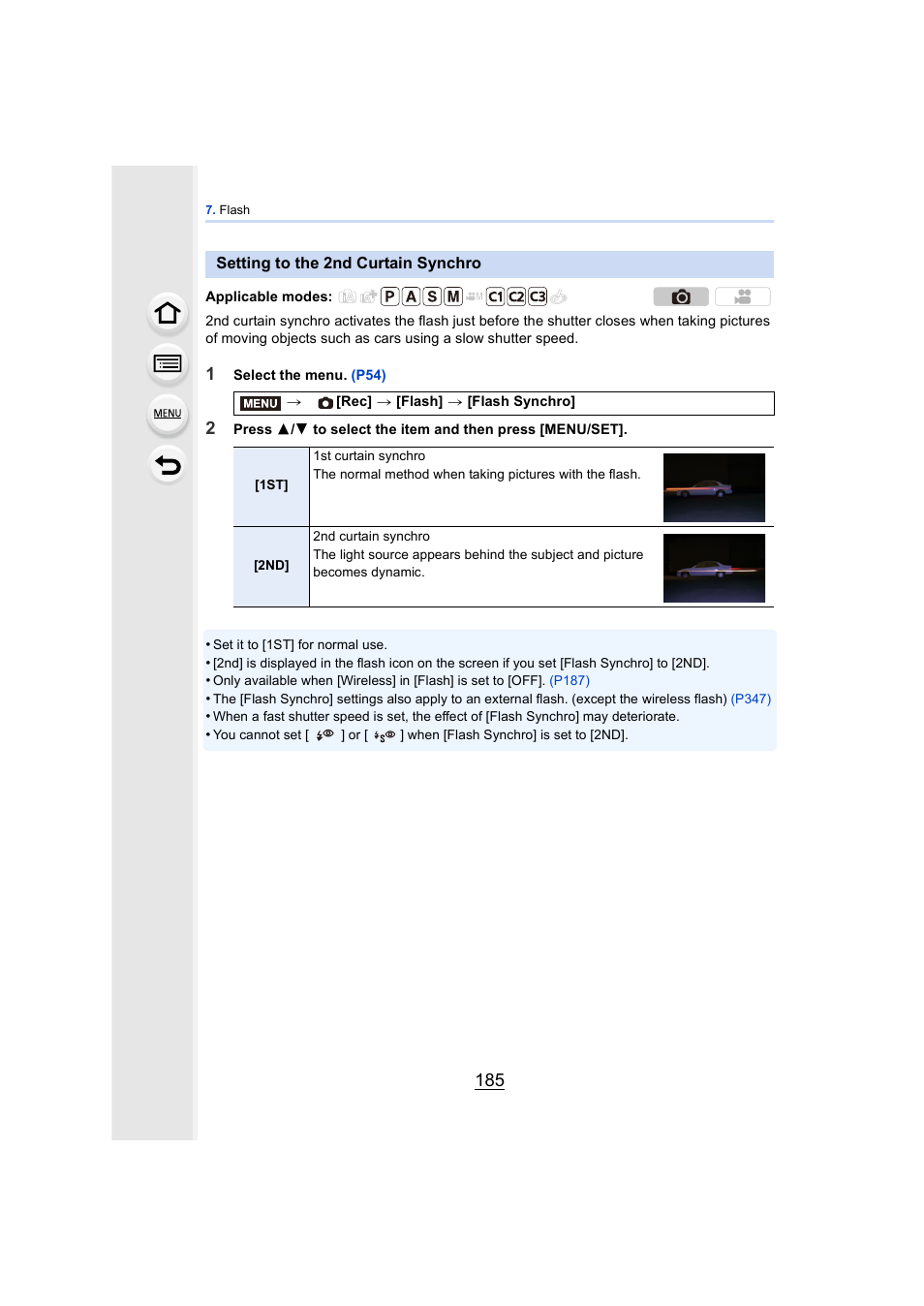 Setting to the 2nd curtain synchro, P185 | Panasonic DMC-GH4KBODY User Manual | Page 185 / 420
