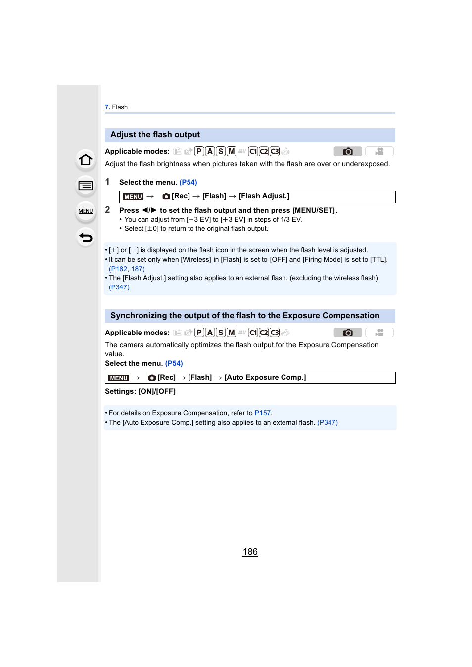 Adjust the flash output, P186, P186) | Panasonic DMC-GH4KBODY User Manual | Page 186 / 420