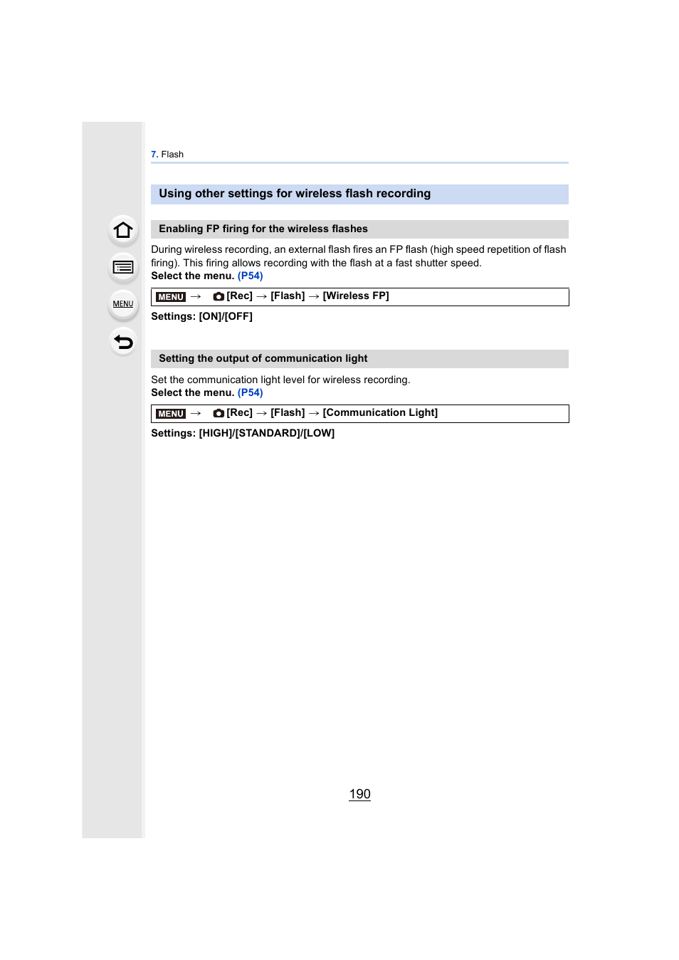 Using other settings for wireless flash recording | Panasonic DMC-GH4KBODY User Manual | Page 190 / 420