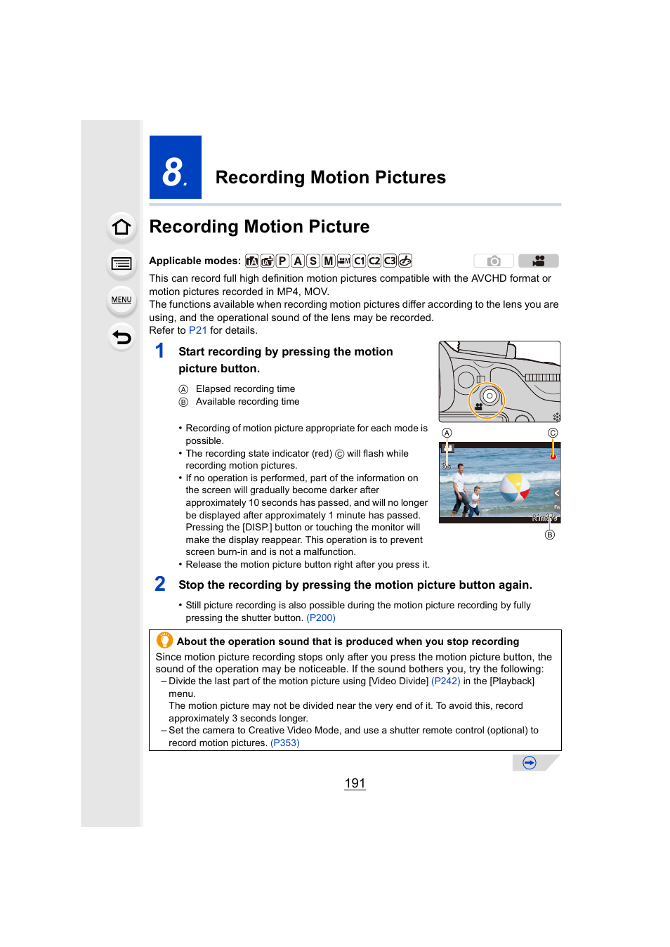 Recording motion pictures, Recording motion picture, P191) | Recording motion pictures recording motion picture | Panasonic DMC-GH4KBODY User Manual | Page 191 / 420