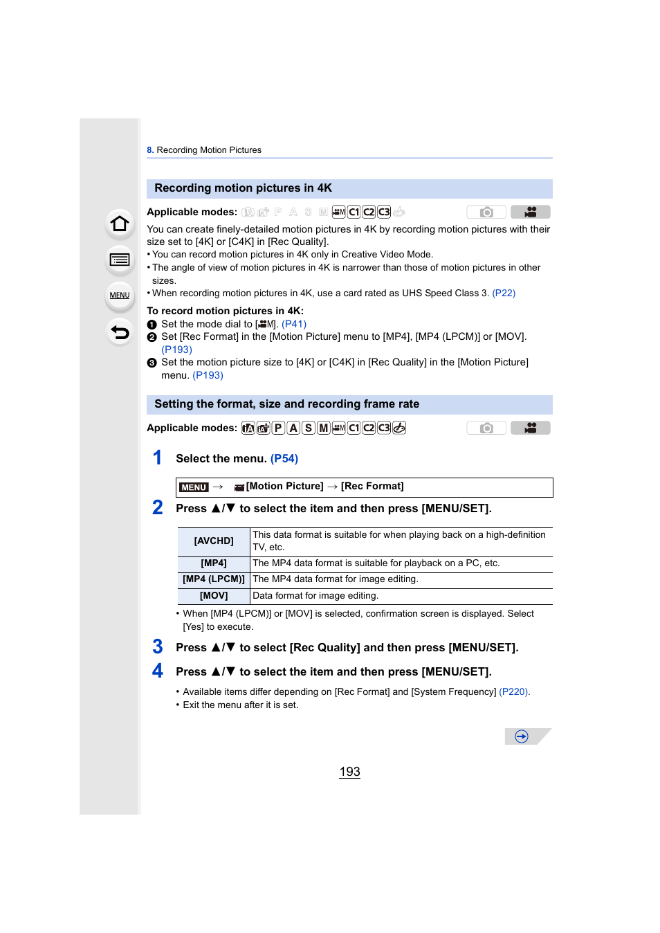 Recording motion pictures in 4k, Setting the format, size and recording frame rate, P193 | P193) | Panasonic DMC-GH4KBODY User Manual | Page 193 / 420