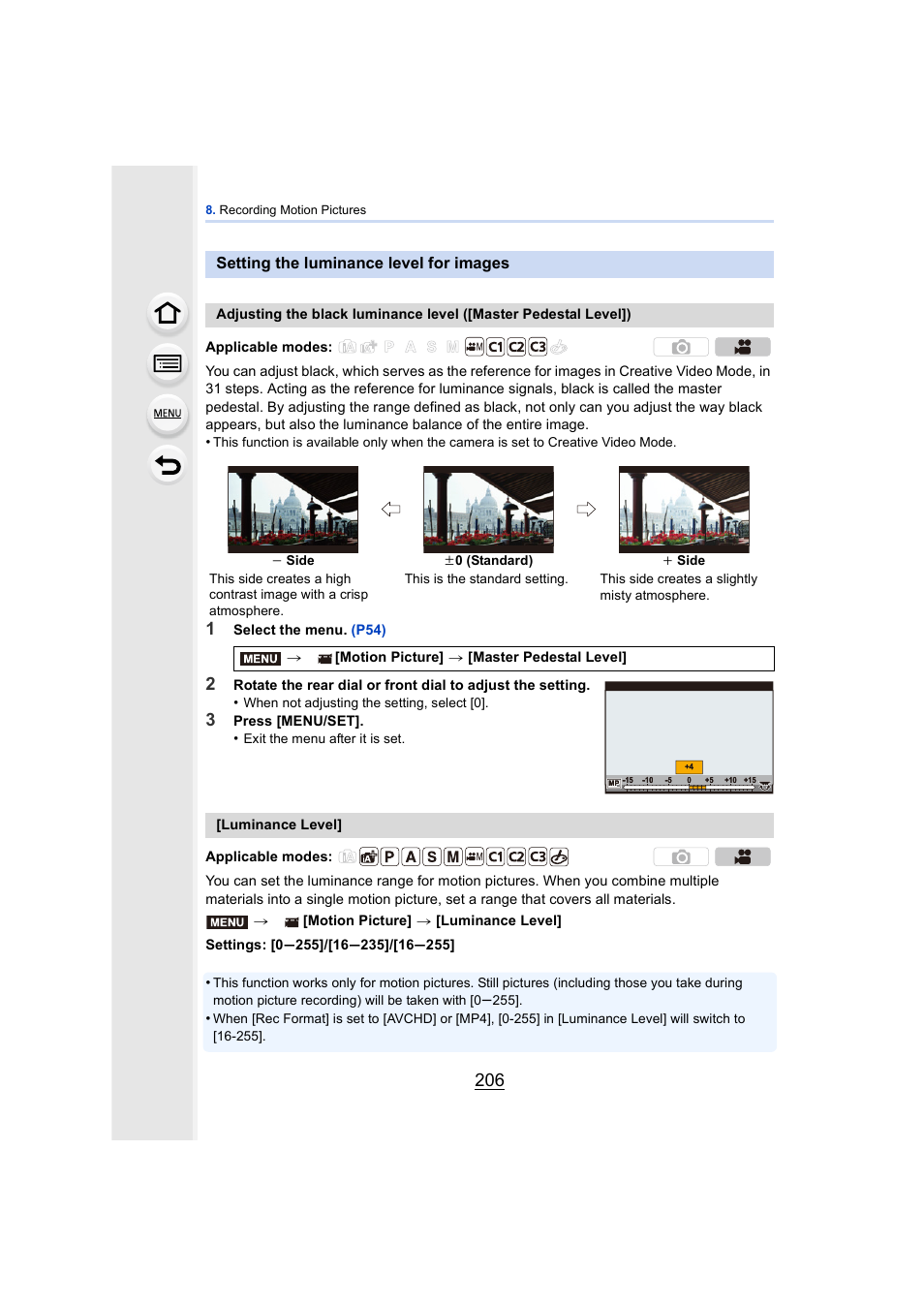 Setting the luminance level for images, P206 | Panasonic DMC-GH4KBODY User Manual | Page 206 / 420