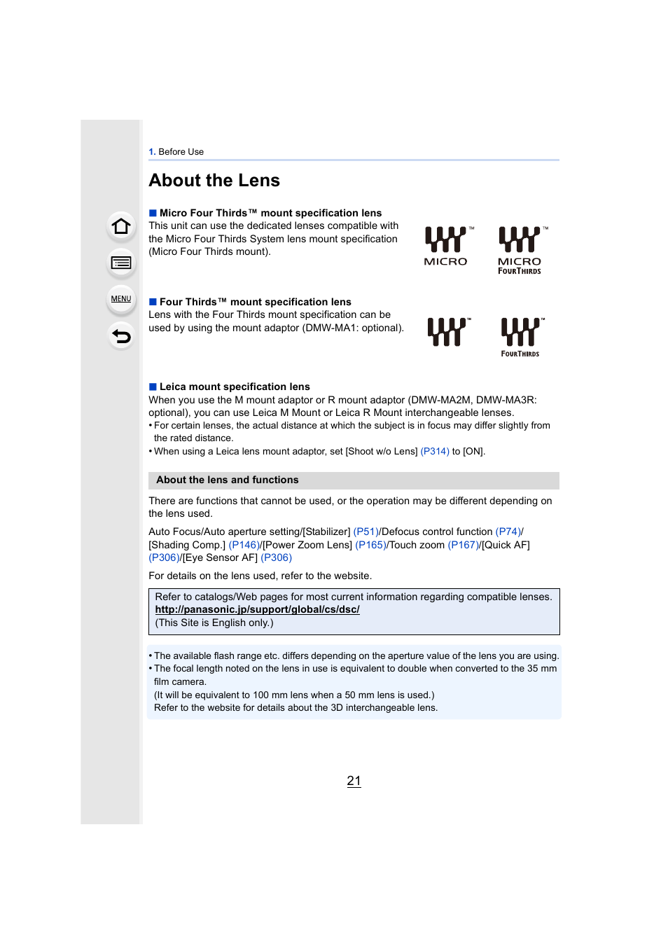 About the lens | Panasonic DMC-GH4KBODY User Manual | Page 21 / 420