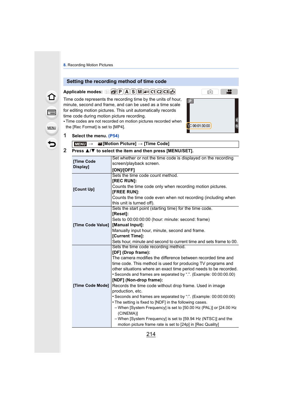 Setting the recording method of time code, P214 | Panasonic DMC-GH4KBODY User Manual | Page 214 / 420