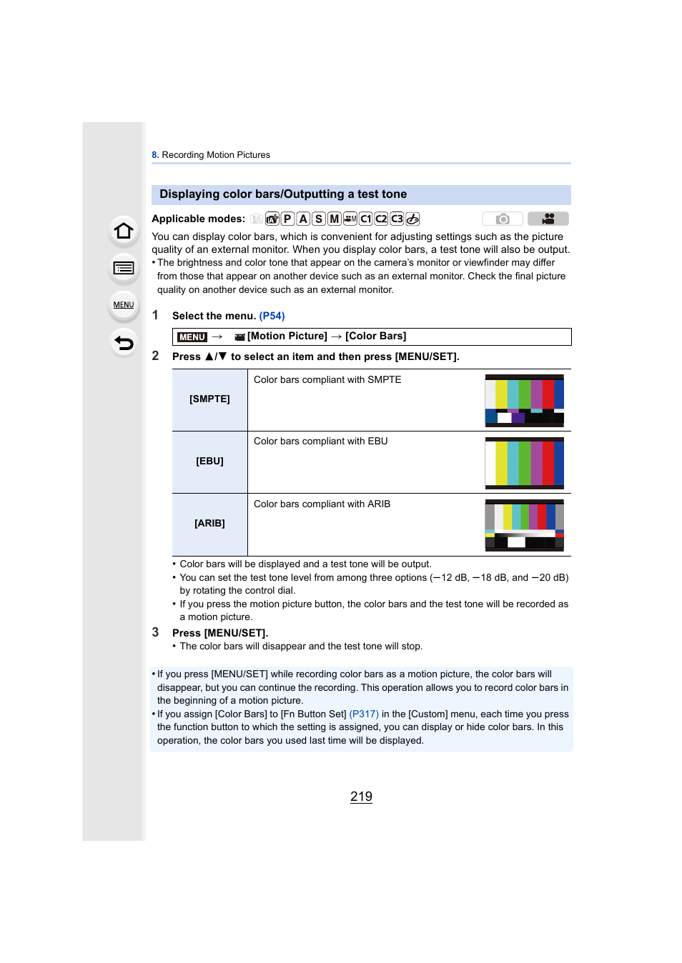 Displaying color bars/outputting a test tone, P219 | Panasonic DMC-GH4KBODY User Manual | Page 219 / 420
