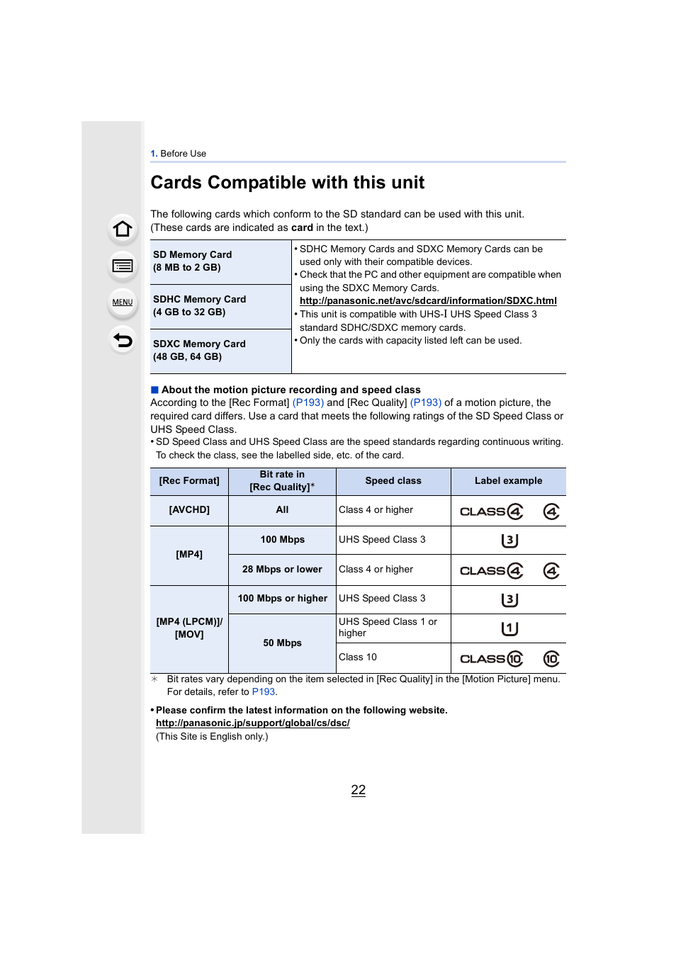 Cards compatible with this unit | Panasonic DMC-GH4KBODY User Manual | Page 22 / 420