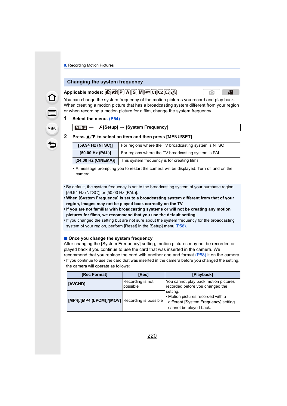 Changing the system frequency, P220), P220 | Panasonic DMC-GH4KBODY User Manual | Page 220 / 420