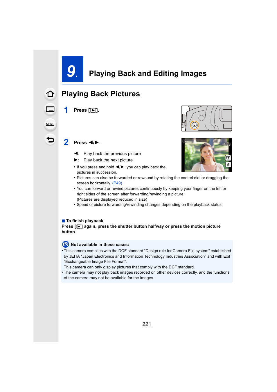 Playing back and editing images, Playing back pictures, P221) | P221 | Panasonic DMC-GH4KBODY User Manual | Page 221 / 420