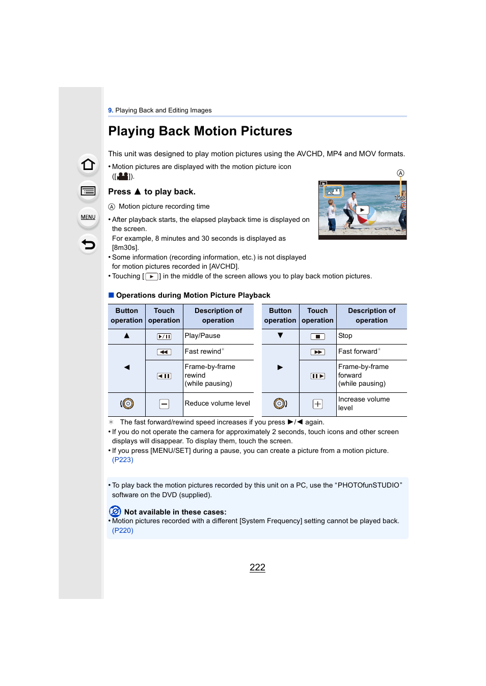 Playing back motion pictures, P222 | Panasonic DMC-GH4KBODY User Manual | Page 222 / 420