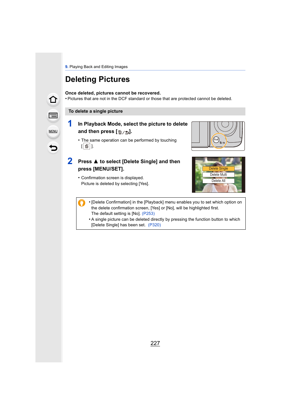 Deleting pictures, P227, P227) | Panasonic DMC-GH4KBODY User Manual | Page 227 / 420