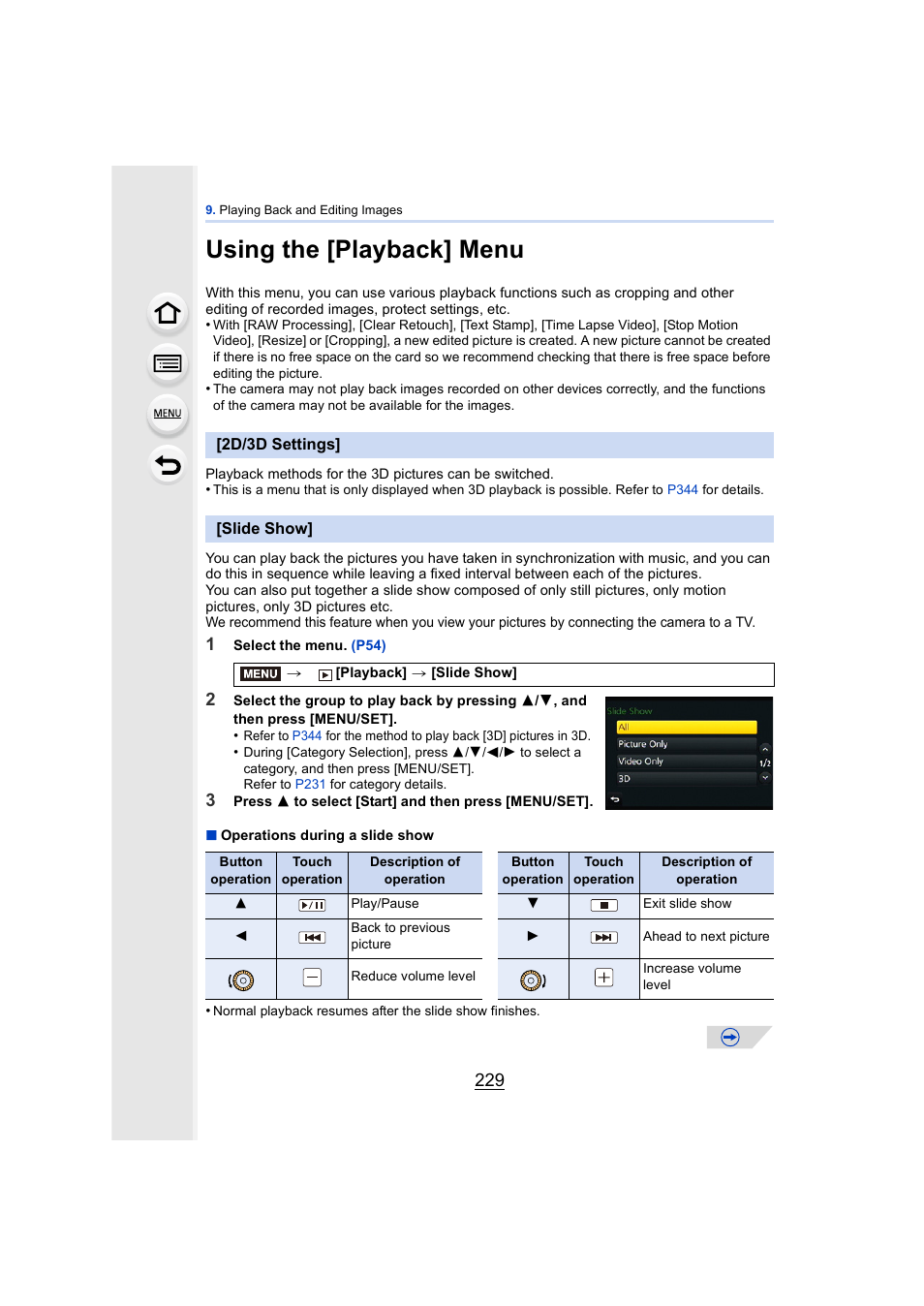 Using the [playback] menu, 2d/3d settings, Slide show | 2d/3d settings] • [slide show, P229, P229) | Panasonic DMC-GH4KBODY User Manual | Page 229 / 420