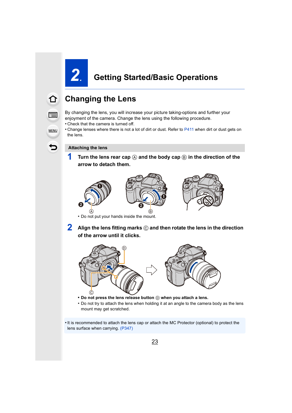 Getting started/basic operations, Changing the lens, P23) | Getting started/basic operations changing the lens | Panasonic DMC-GH4KBODY User Manual | Page 23 / 420