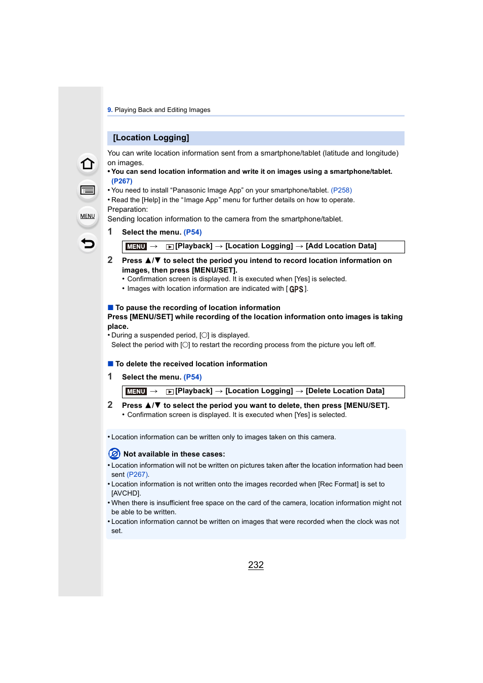 Location logging, P232 | Panasonic DMC-GH4KBODY User Manual | Page 232 / 420