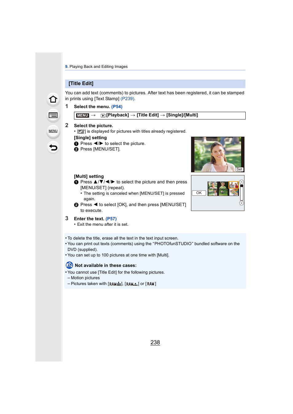 Title edit, P238 | Panasonic DMC-GH4KBODY User Manual | Page 238 / 420