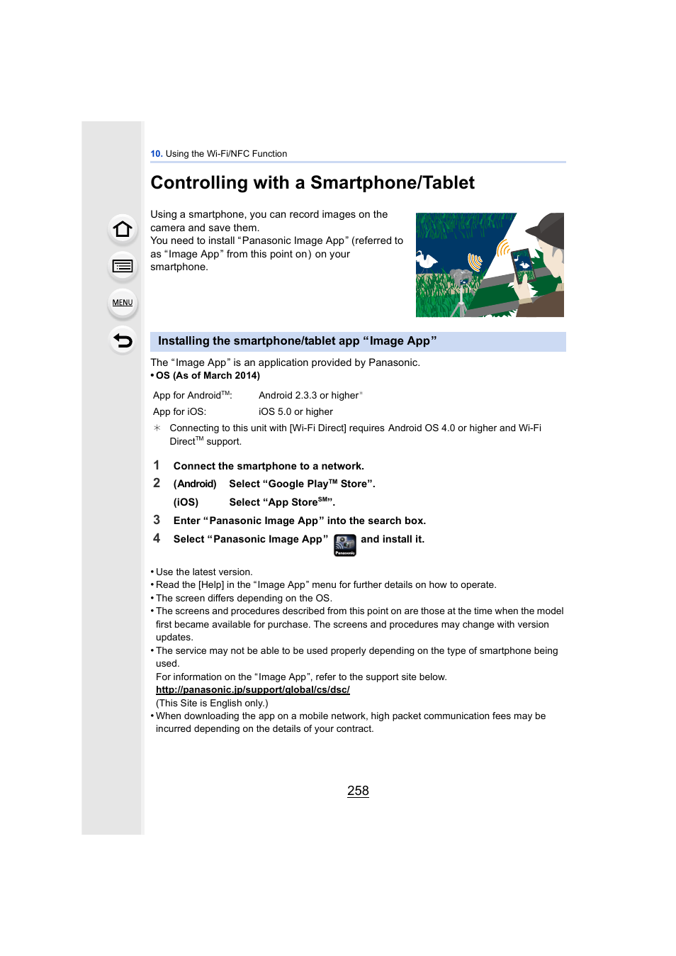 Controlling with a smartphone/tablet, Installing the smartphone/tablet app “ image app, Installing the smartphone/tablet app “image app | P258, P258), Controlling with a smartphone/tablet (p258) | Panasonic DMC-GH4KBODY User Manual | Page 258 / 420