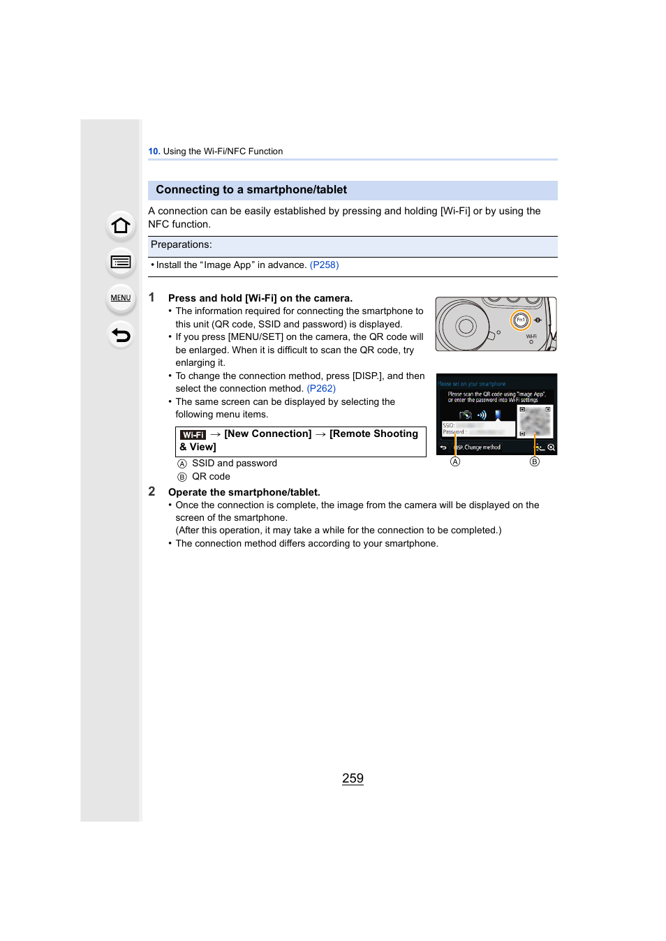 Connecting to a smartphone/tablet, P259) | Panasonic DMC-GH4KBODY User Manual | Page 259 / 420