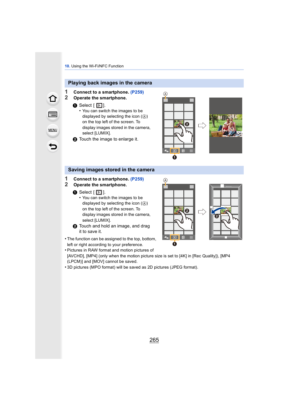 Playing back images in the camera, Saving images stored in the camera, P265 | P265) | Panasonic DMC-GH4KBODY User Manual | Page 265 / 420