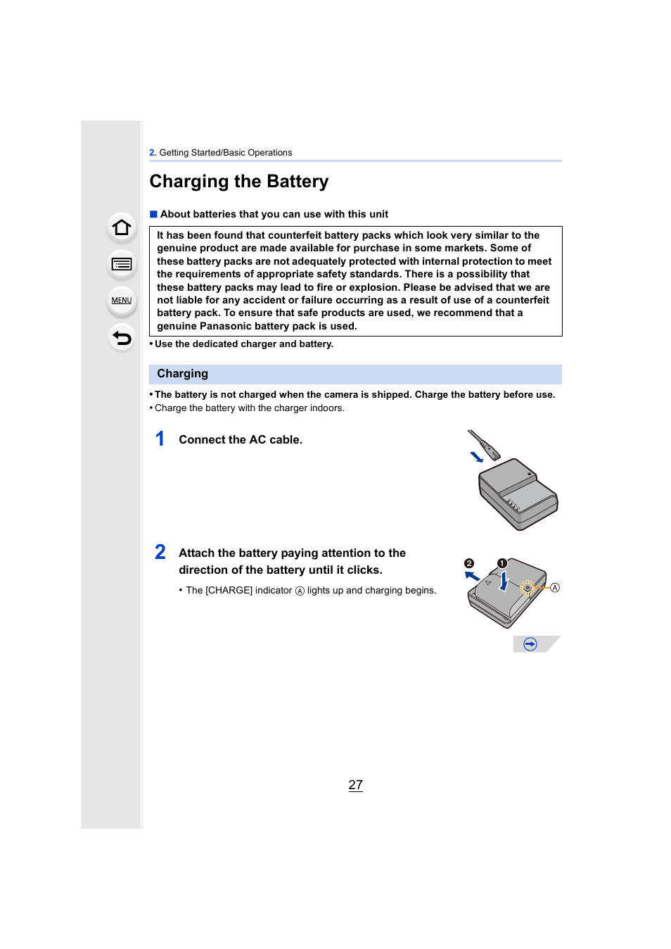 Charging the battery, Charging, P27) | Panasonic DMC-GH4KBODY User Manual | Page 27 / 420