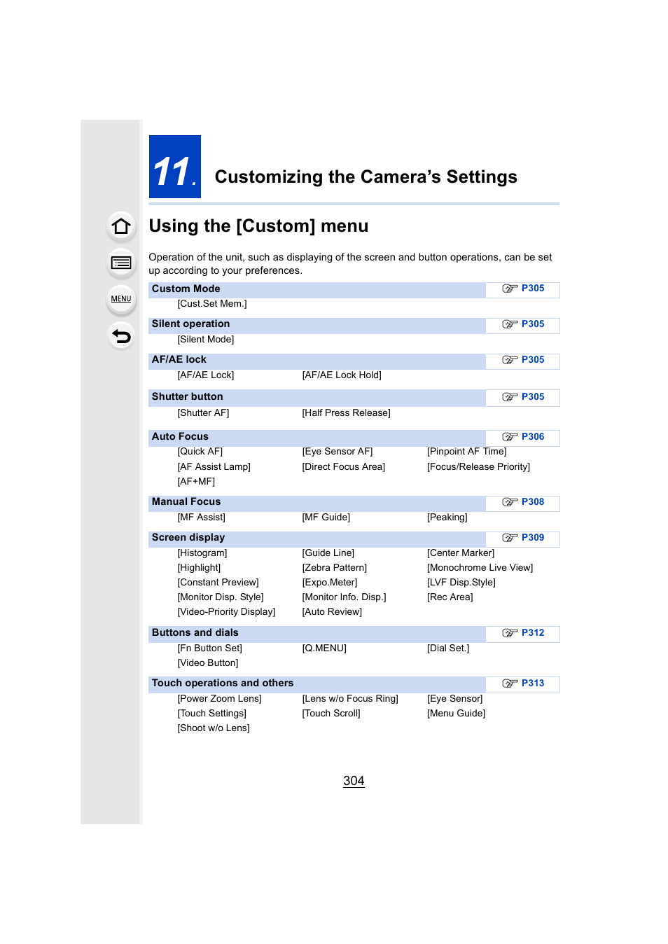 Customizing the camera’s settings, Using the [custom] menu, P304 | P304) | Panasonic DMC-GH4KBODY User Manual | Page 304 / 420