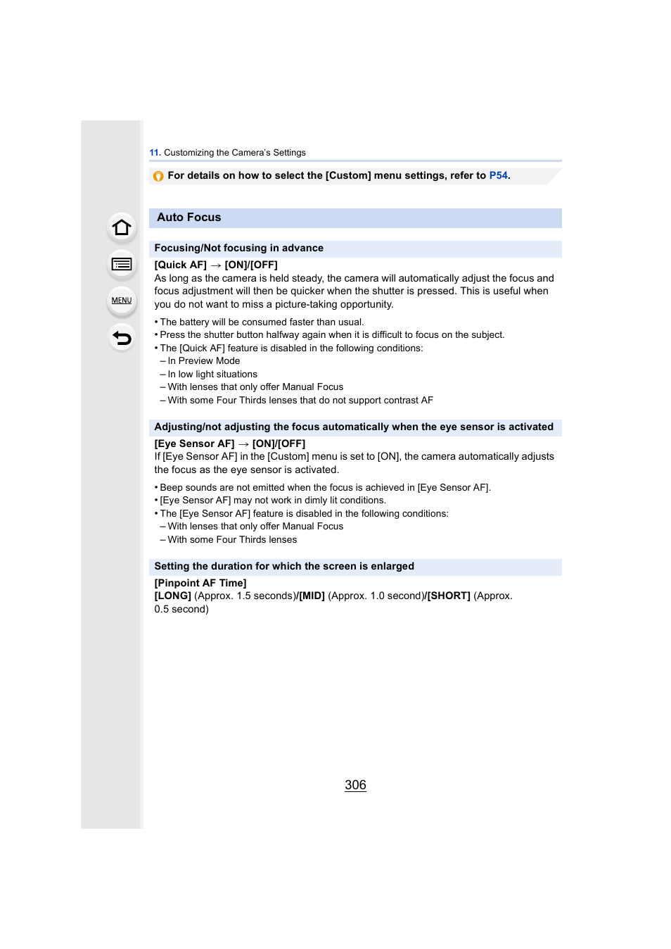 P306), Menu, Auto focus | P306 | Panasonic DMC-GH4KBODY User Manual | Page 306 / 420