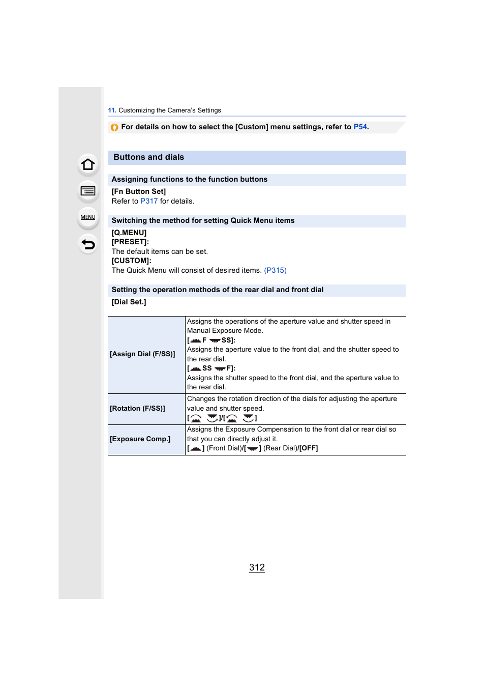 Dial, P312), Buttons and dials | P312 | Panasonic DMC-GH4KBODY User Manual | Page 312 / 420