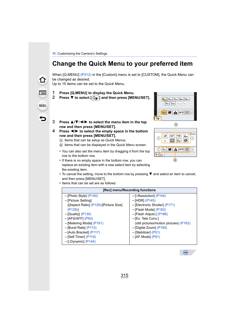 Change the quick menu to your preferred item, P315, P315) | Panasonic DMC-GH4KBODY User Manual | Page 315 / 420