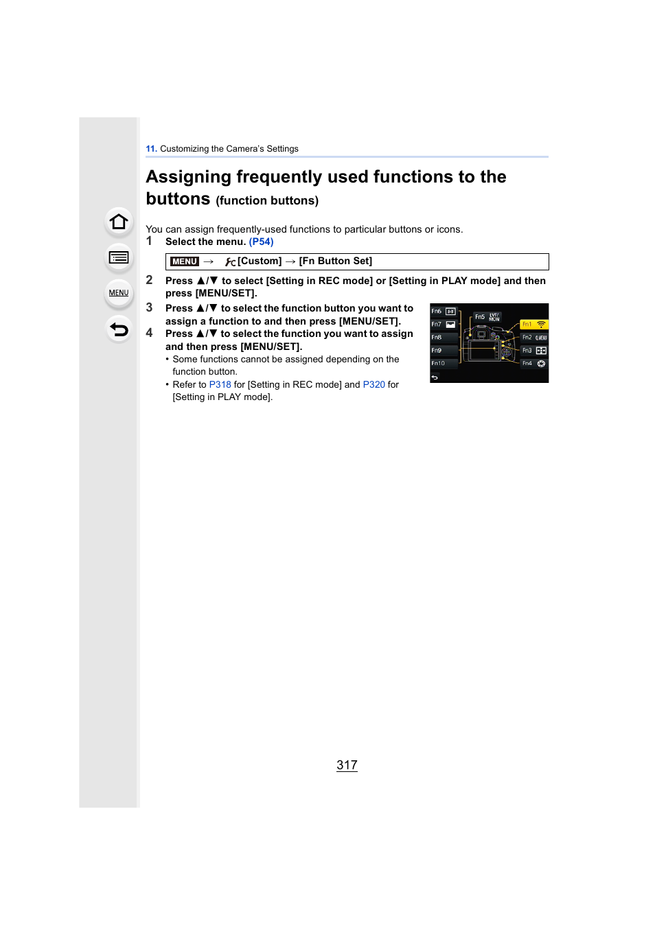 P317, P317), Assigning frequently used functions to the buttons | Panasonic DMC-GH4KBODY User Manual | Page 317 / 420