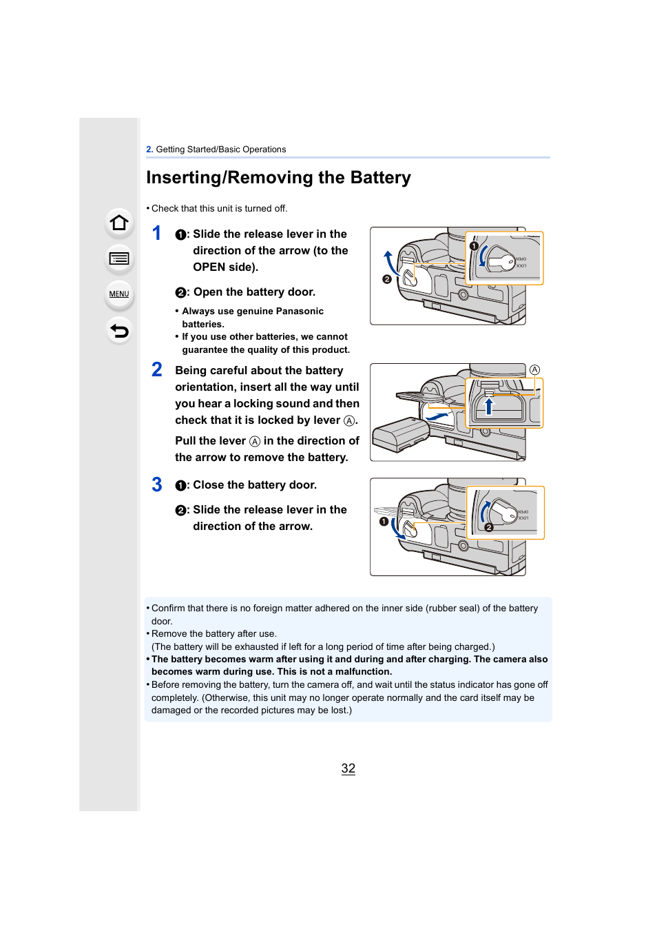 Inserting/removing the battery, P32) | Panasonic DMC-GH4KBODY User Manual | Page 32 / 420