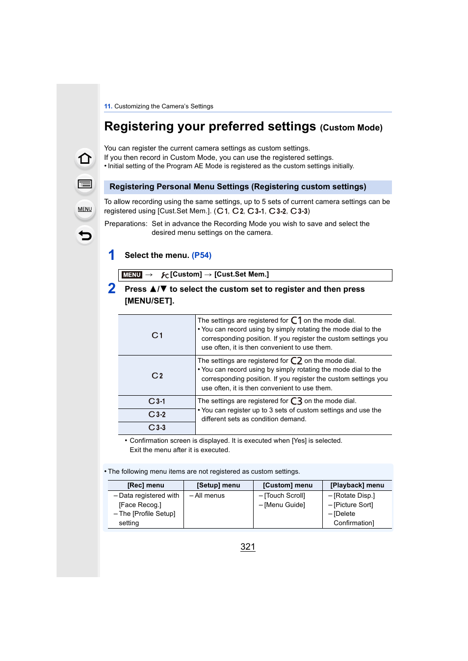 Registering your preferred settings (custom mode), P321, Mode | P321), Registering your preferred settings | Panasonic DMC-GH4KBODY User Manual | Page 321 / 420