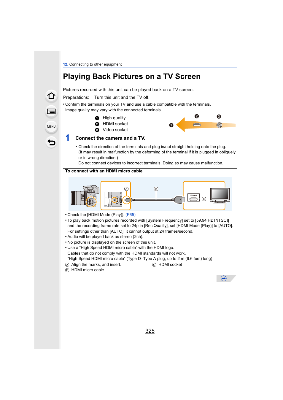 Playing back pictures on a tv screen, P325), P325 | Panasonic DMC-GH4KBODY User Manual | Page 325 / 420