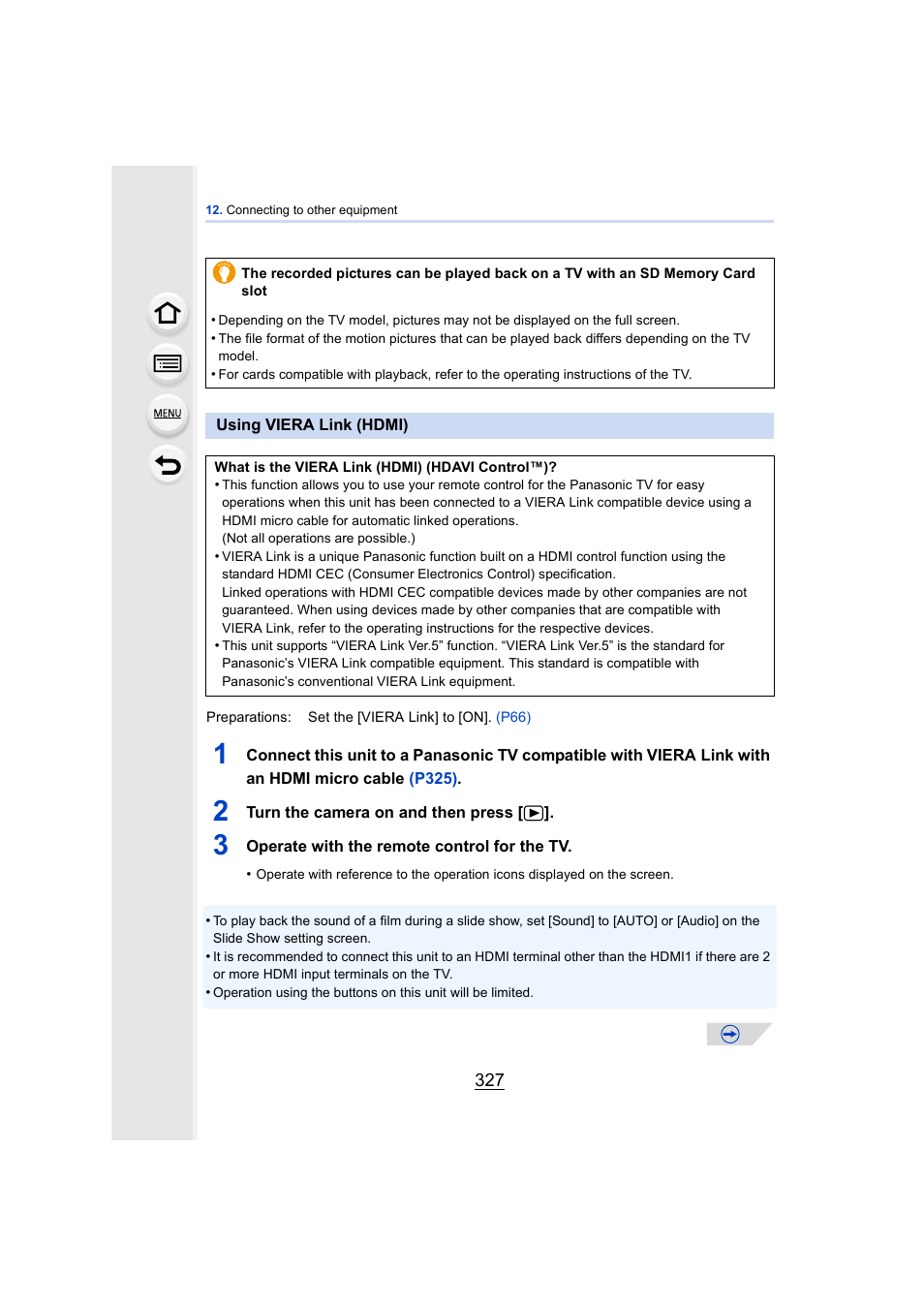 Using viera link (hdmi), P327, P327) | Panasonic DMC-GH4KBODY User Manual | Page 327 / 420