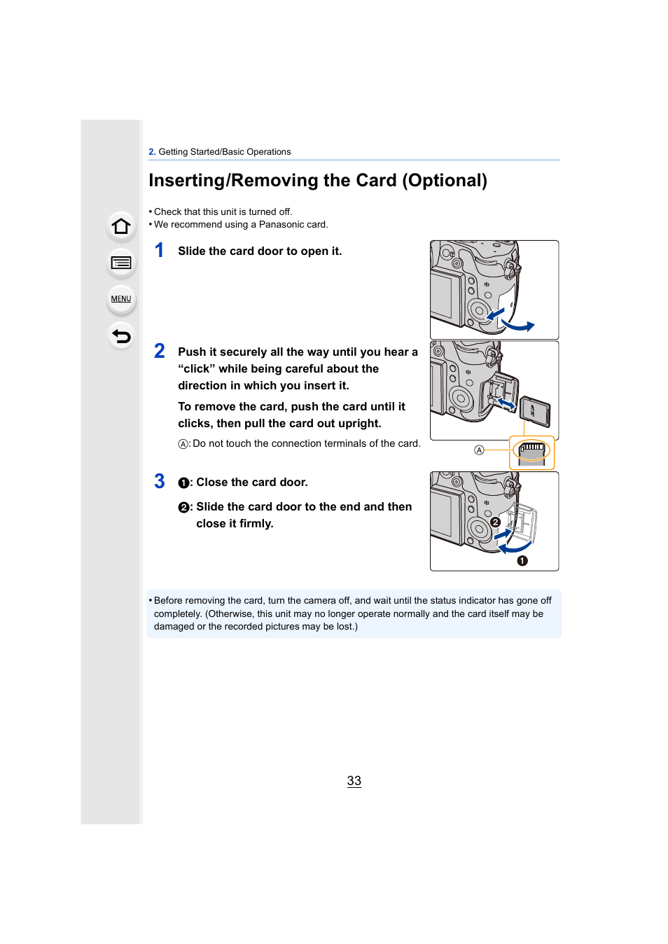 Inserting/removing the card (optional), P33) | Panasonic DMC-GH4KBODY User Manual | Page 33 / 420