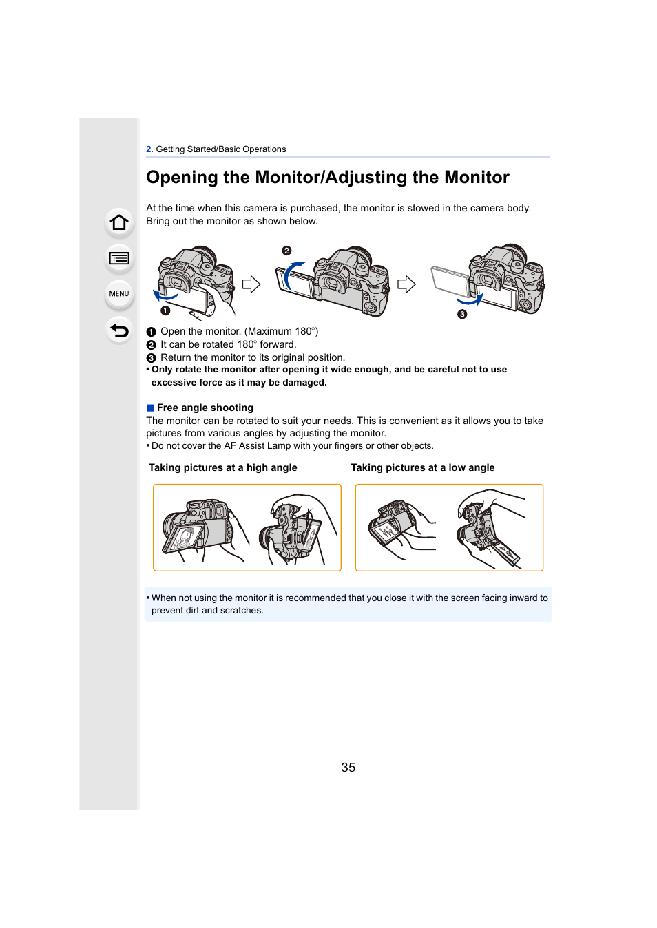 Opening the monitor/adjusting the monitor, P35) | Panasonic DMC-GH4KBODY User Manual | Page 35 / 420