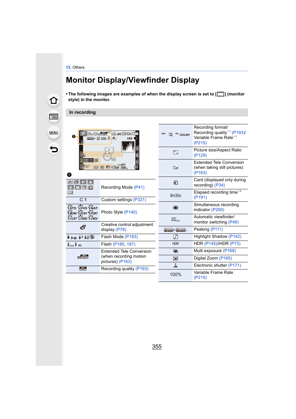 Monitor display/viewfinder display, P355, Monitor display | Viewfinder display, 8m30s | Panasonic DMC-GH4KBODY User Manual | Page 355 / 420